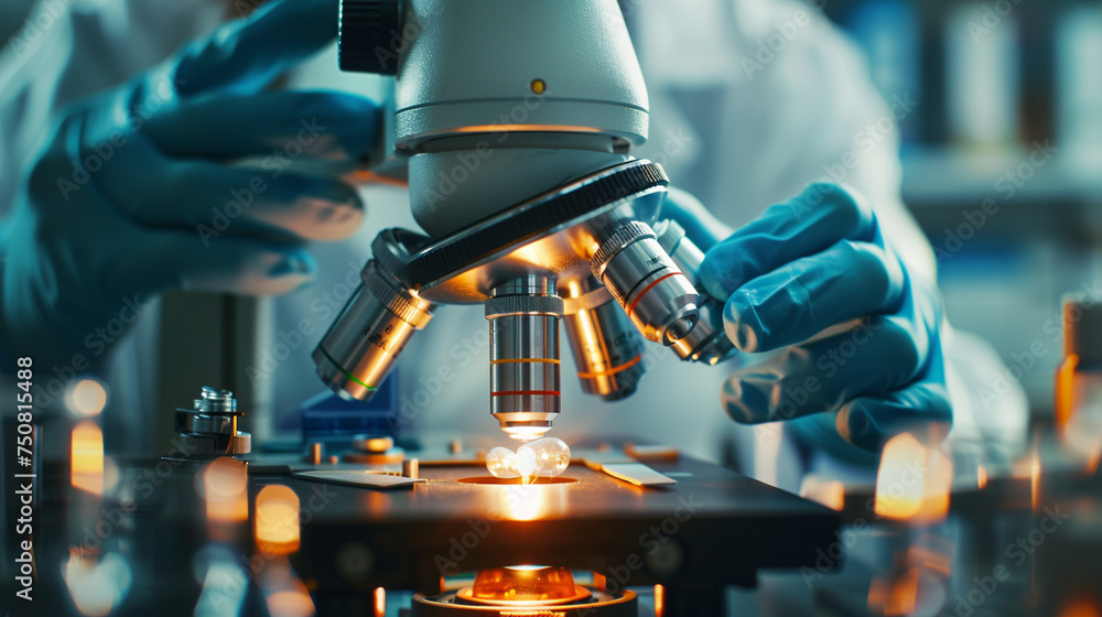 Poster a scientist using a microscope to examine biological samples in a laboratory, highlighting the preci