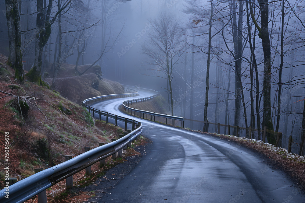 Poster road in the fog. misty landscape. background image. created with generative ai technology.