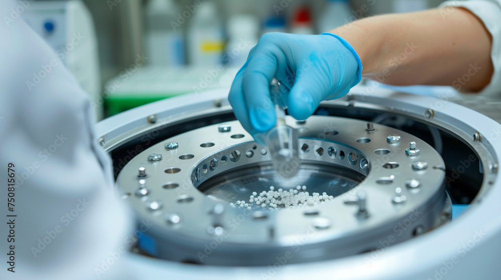 Poster a lab technician placing samples into a centrifuge for separation, illustrating the process of sampl