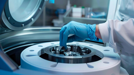 A lab technician placing samples into a centrifuge for separation, illustrating the process of sample preparation, Analyzing samples concept, Medical Research, Education, Medical T