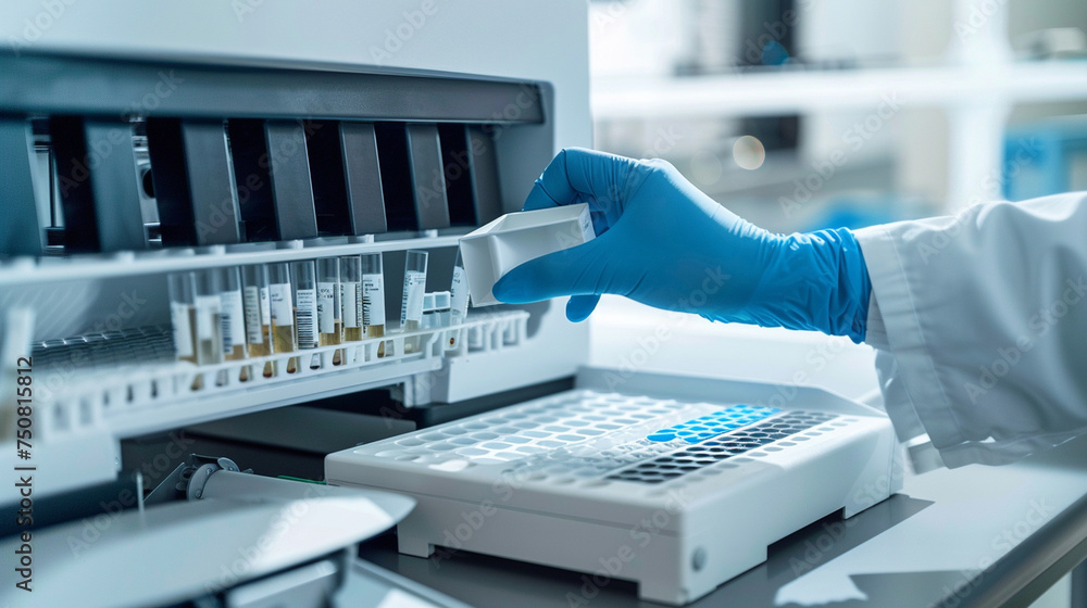 Poster a biochemist loading samples into an automated analyzer, showcasing modern techniques in medical tes