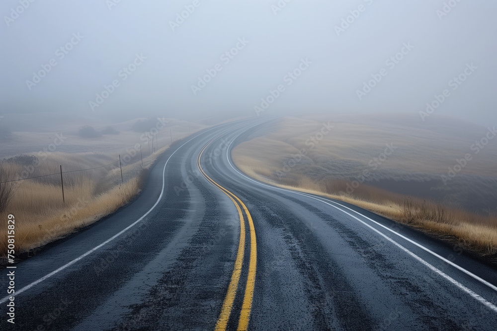 Poster road in the fog. misty landscape. background image. created with generative ai technology.