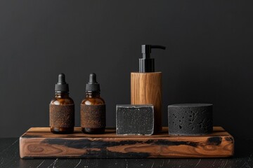 Obraz na płótnie Canvas A white soap bar sits next to a sleek soap dispenser on a bathroom countertop, ready for use.