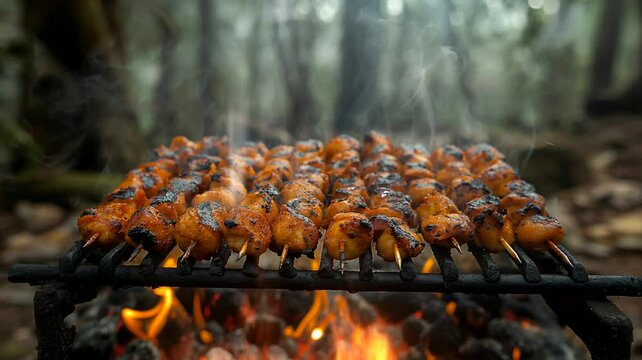 Delicious satay in outdoor. Seamless looping time-lapse 4k video animation background