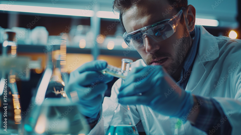 Poster a chemist conducting a titration experiment, adding a titrant to a sample to determine its concentra