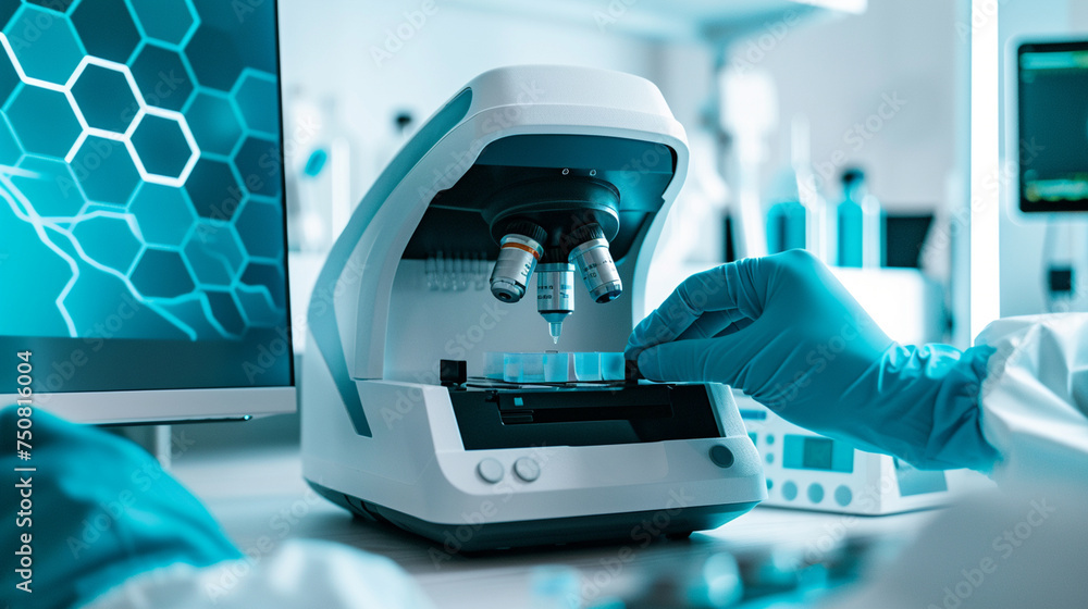 Poster a researcher using a spectrophotometer to measure the absorbance of sample solutions, quantifying ch