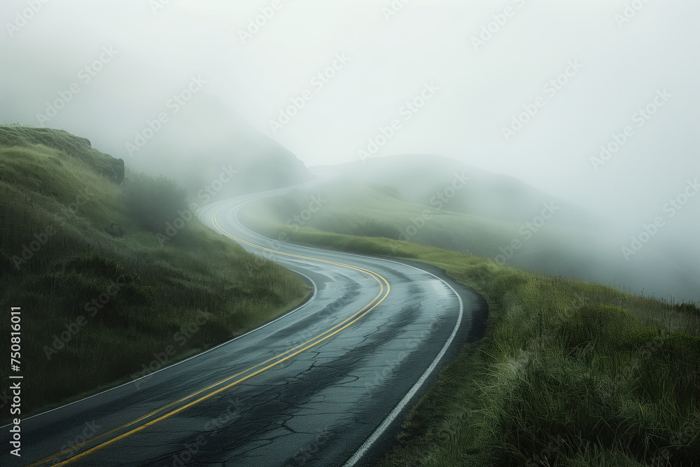 Aufkleber road in the fog. misty landscape. background image. created with generative ai technology.