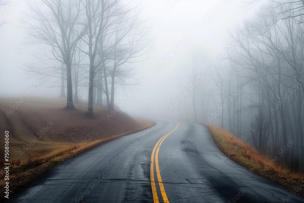 Poster road in the fog. misty landscape. background image. created with generative ai technology.