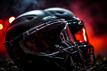 a scene with a football field, two american football helmets, and blurry stadium lights in the background