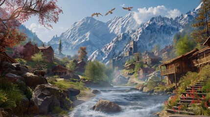 A captivating scene of crystal-clear streams weaving through rugged mountains, framing charming villages, with the elegant flight of birds adding a touch of magic to the landscape.