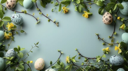 Eggs entwined in a lattice of spring vines adorned the Easter Monday border, creating a festive and colorful display.