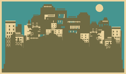 Silhouettes of houses of the night city. Skyscrapers of the metropolis. Background, wallpaper. Vector illustration