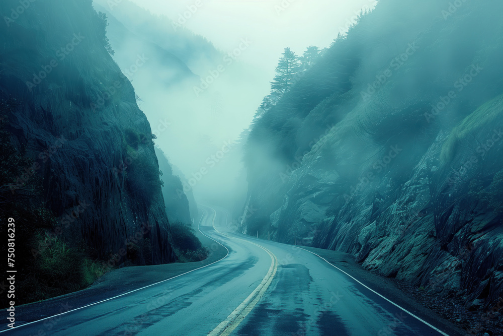 Poster road in the fog. misty mountain landscape. background image. created with generative ai technology.