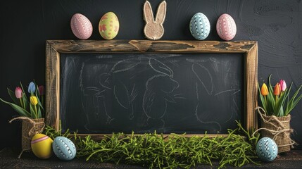 Easter Monday vibe captured in a charming chalkboard frame adorned with doodled eggs and adorable bunny ears. - obrazy, fototapety, plakaty