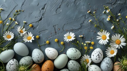 A picturesque Easter Monday scene showcases a flowing array of eggs intertwined with vibrant daisies.