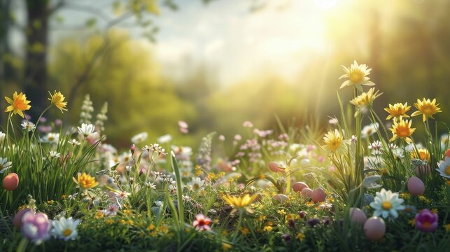 The Easter Monday scene showcases a vibrant meadow with scattered wildflowers and concealed eggs.