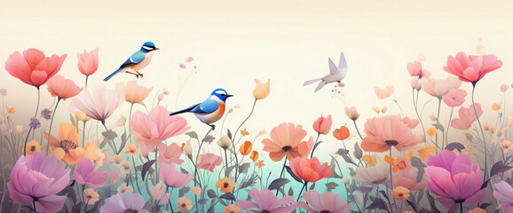 Whimsical gradient garden with blooming flowers and chirping birds, portraying the cutest and most...