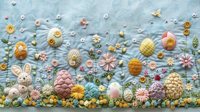 Celebrate Easter Monday with a charming quilted patchwork display featuring egg and bunny motifs in a delightful frame.