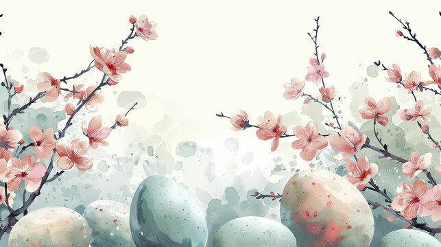 Celebrate Easter Monday with a charming watercolor border featuring soft pastel eggs and blooming spring blossoms.