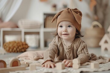 Adorable toddler engaged in creative play with a set of eco-friendly wooden toys Emphasizing early childhood development