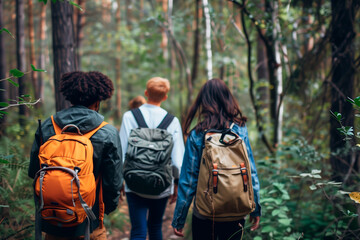 Diversity friends meet at the beginning of the forest to go hiking