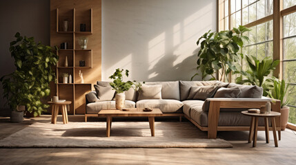 A modern living room with biophilic design that includes an inviting sofa, a natural wood coffee table, and lots of plants