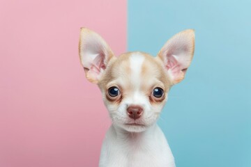 Chihuahua puppy posing on a pastel background Looking at the camera with a head tilt