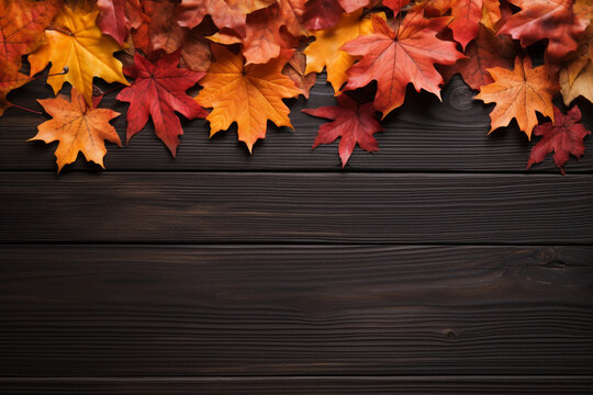 Laptop on a black wooden background with autumn leaves сreated with Generative Ai