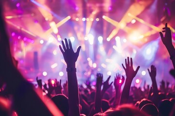 Crowd of enthusiastic fans at a live music concert Waving hands in the air With a stage illuminated...