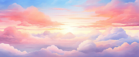Whimsical gradient sunrise painting the sky with soft hues, creating the cutest and most beautiful morning vista. - obrazy, fototapety, plakaty