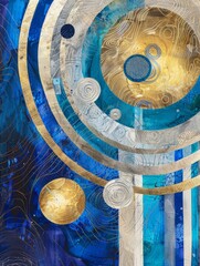 Naklejka premium A painting featuring a vibrant blue and gold abstract design, showcasing intricate patterns and colors blending harmoniously on the canvas.