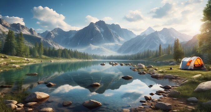 Craft an ultra-realistic image of a campsite nestled beside a serene mountain lake, capturing the reflection of the surrounding peaks on the still water. -AI Generative 