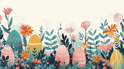 Modern Easter Monday border features abstract egg shapes and vibrant florals in a contemporary design.
