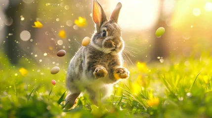 Foto op Canvas Easterbunny jumping on a Green and Very Warm Field with Easter Eggs and Colors Popping Background created with Generative AI Technology © Animals Creator