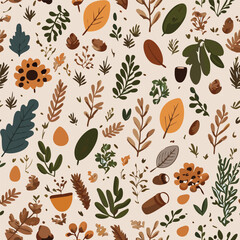Watercolor vintage flowers seamless pattern with boho branches and gold leaves on white background. For boho or rustic style decoration.
