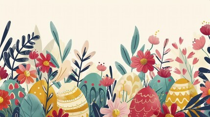 Create a contemporary Easter border featuring abstract egg patterns and lively flowers for a festive touch. - Powered by Adobe