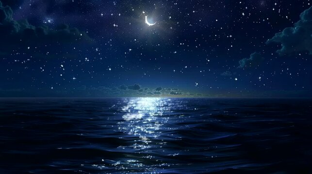 The magnificence of a starry night sky over a calm ocean. Fantasy landscape anime or cartoon style, looping 4k video animation background