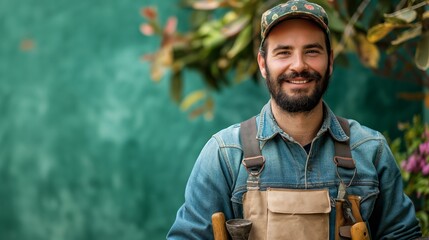 Smiling gardener in overalls with gardening tools, amid lush greenery. - obrazy, fototapety, plakaty