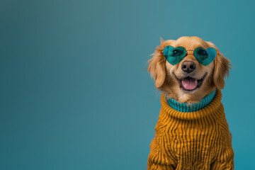 A cheerful golden dog in a teal sweater and cool blue sunglasses, against a bright turquoise backdrop - obrazy, fototapety, plakaty