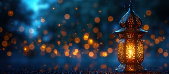 Arabic lantern with burning candle glowing at night. Festive greeting card, invitation for Muslim holy month Ramadan Kareem - obrazy, fototapety, plakaty
