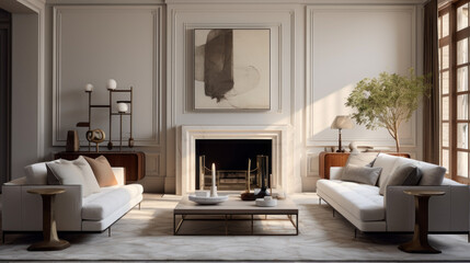 Fototapeta na wymiar A modern living room with an elegant statement lighting fixture