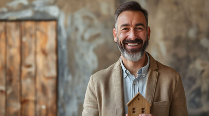 Happy real estate agent holding a house model, representing home ownership. - obrazy, fototapety, plakaty