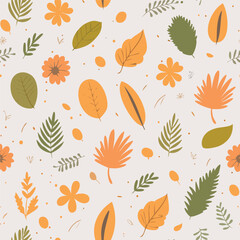 Watercolor vintage flowers seamless pattern with boho branches and gold leaves on white background. For boho or rustic style decoration.
