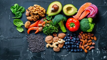 Assorted healthy food items on a dark background - A vibrant selection of healthful foods including fruits, vegetables, and nuts artfully arranged on a dark textured surface - obrazy, fototapety, plakaty