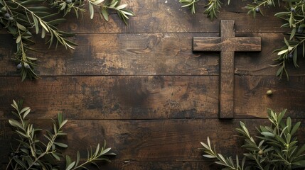 A rustic border for Good Friday features a wooden cross intertwined with olive branches for a serene touch.