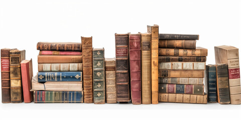 Isolated old books. Collection of old books in piles and stacks isolated on white background with clipping path.