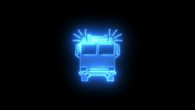 Fire engine icon glowing neon blue color animation black background