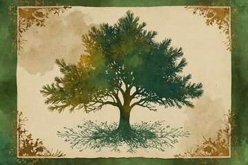 vintage background with tree on aged paper, scrapbook paper, design for cards or journaling