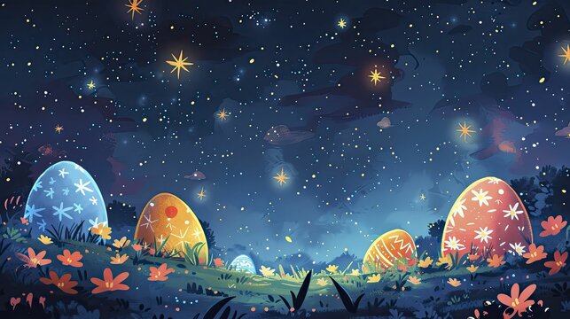 The Easter Monday frame features a starry night sky adorned with cosmic eggs and celestial patterns.