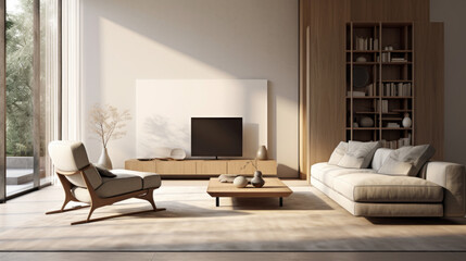 A modern living room with a minimalist decor and a neutral palette, including a grey armchair and a white rug